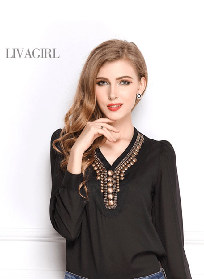 Fashion Vintage Long-Sleeved Chiffon Shirt Black  - Image 2
