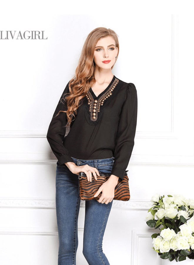 Fashion Vintage Long-Sleeved Chiffon Shirt Black  - Image 3