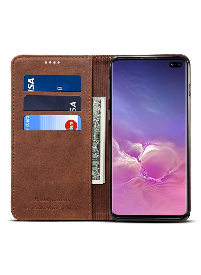 ترامكس غطاء حماية واقٍ من الجلد بتصميم محفظة لهواتف سامسونج جالاكسي S10 بلس بني - Image 2