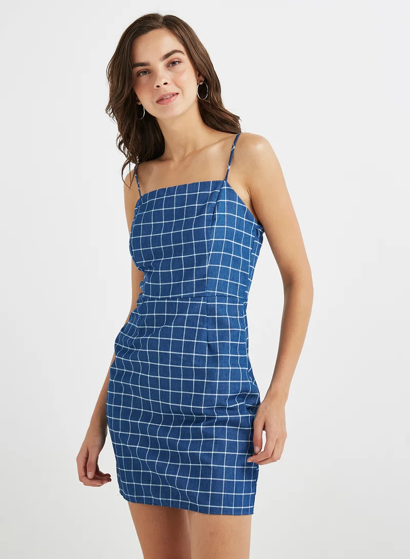 FOREVER 21 Grid Print Square Neck Dress Denim/White