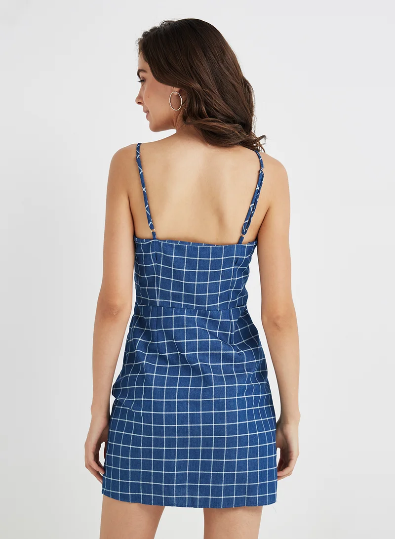 FOREVER 21 Grid Print Square Neck Dress Denim/White