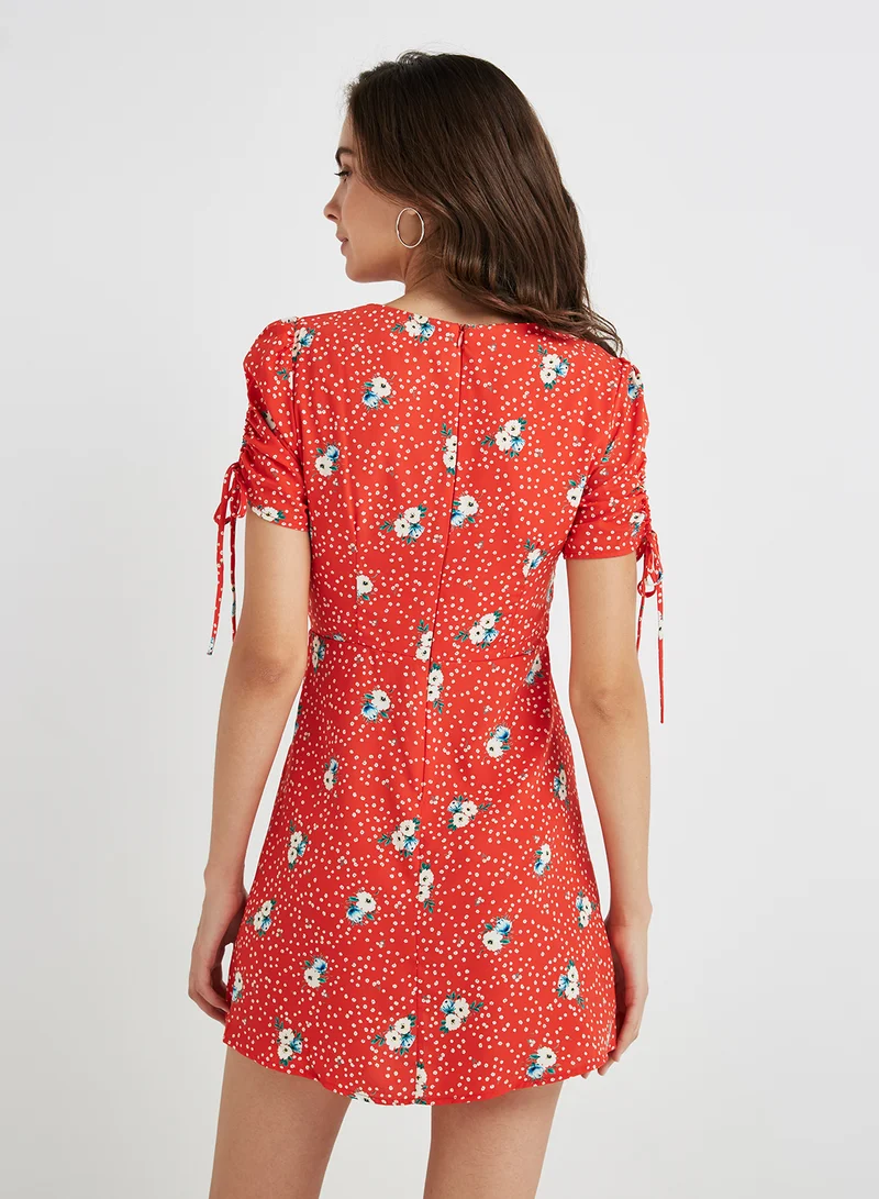 FOREVER 21 Floral Print V Neck Mini Dress Red