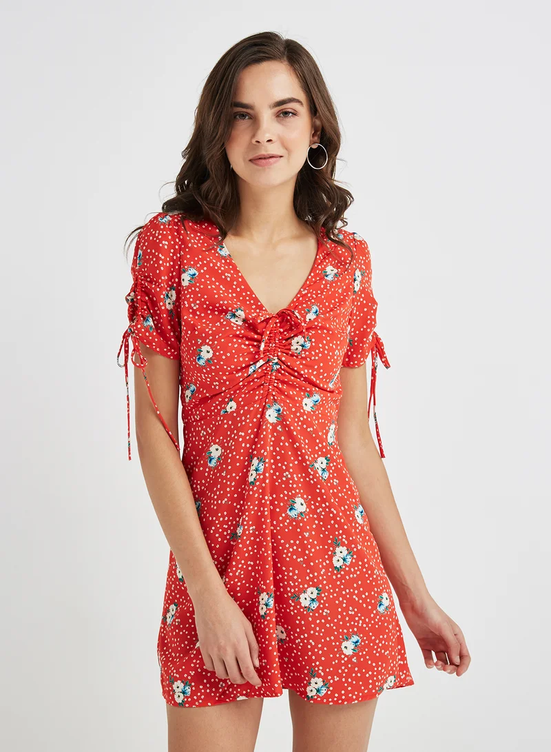 FOREVER 21 Floral Print V Neck Mini Dress Red