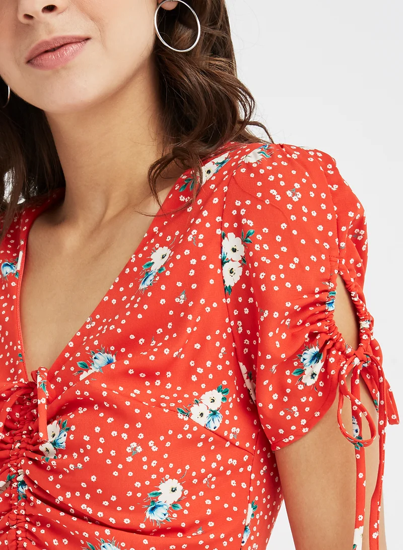 FOREVER 21 Floral Print V Neck Mini Dress Red