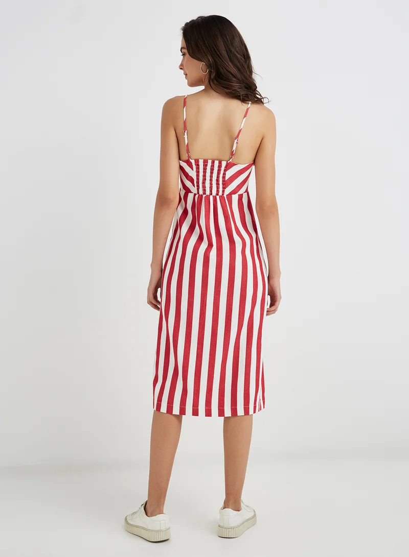 FOREVER 21 Striped Button Front Midi Dress Red/White
