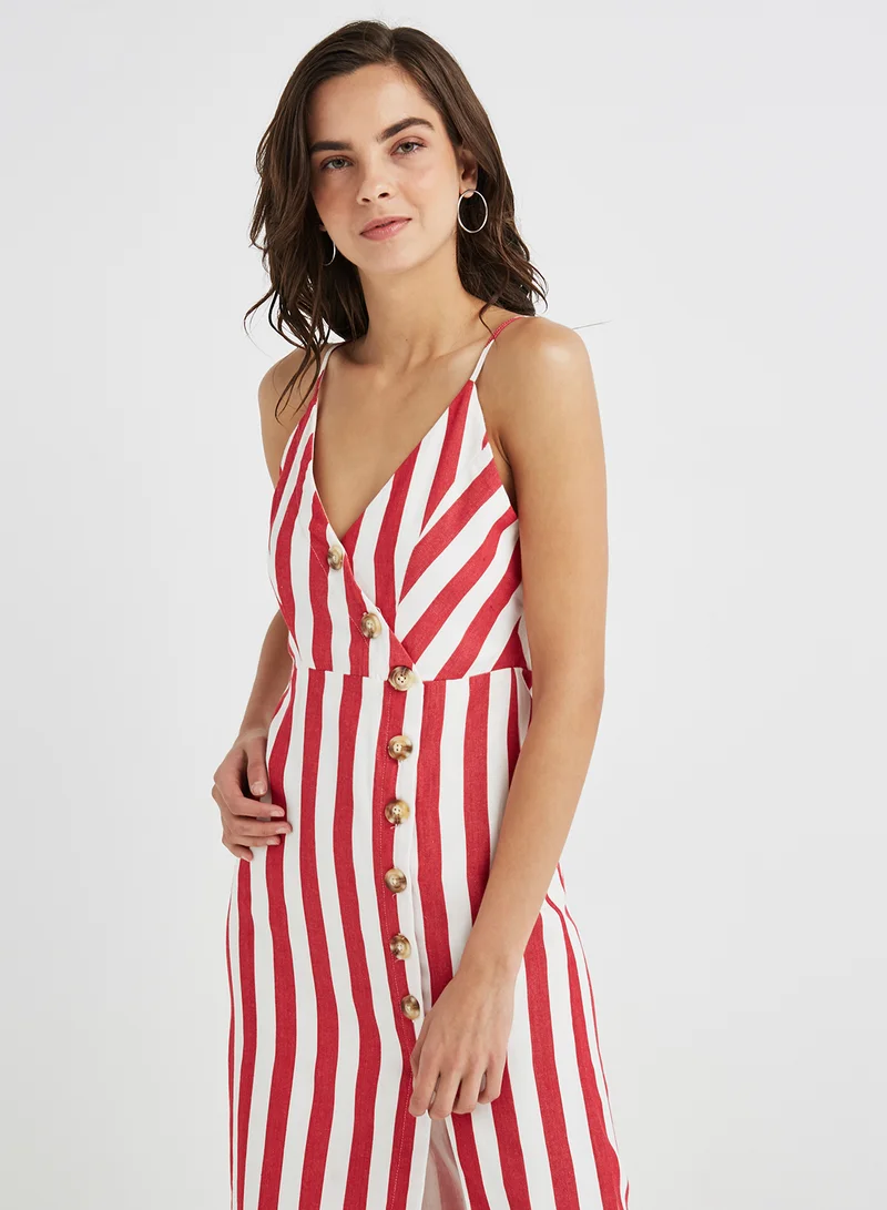 FOREVER 21 Striped Button Front Midi Dress Red/White