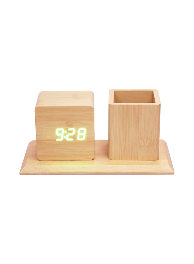 Voice-Activated Wooden Alarm Clock With Pen Container Beige Wood 70x70x4cm  - Image 1
