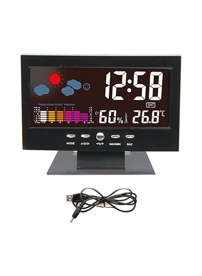 ساعة منبه بشاشة LCD ملونة وإضاءة خلفية للتنبؤ بأحوال الطقس ودرجات الرطوبة والحرارة أسود 70x70x4سم - Image 1