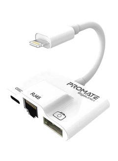 USB Hub, 3 in 1 RJ45 Ethernet LAN Wired Network Adapter with USB OTG Camera Adapter Kit and 2A Pass-Through Charging and Syncing Adapter for iPhone XS Plus/iPad/iPad Pro, GigaLink-I White