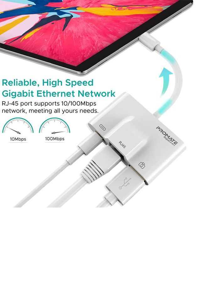 PROMATE - USB Hub, 3 in 1 RJ45 Ethernet LAN Wired Network Adapter with USB OTG Camera Adapter Kit and 2A Pass-Through Charging and Syncing Adapter for iPhone XS Plus/iPad/iPad Pro, GigaLink-I White - Image 1