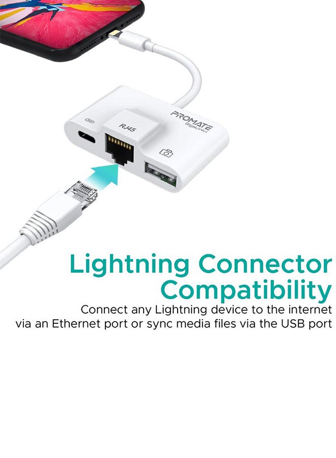 PROMATE - USB Hub, 3 in 1 RJ45 Ethernet LAN Wired Network Adapter with USB OTG Camera Adapter Kit and 2A Pass-Through Charging and Syncing Adapter for iPhone XS Plus/iPad/iPad Pro, GigaLink-I White - Image 1