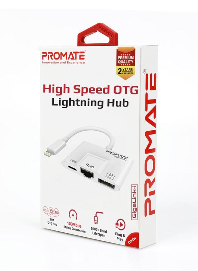PROMATE - USB Hub, 3 in 1 RJ45 Ethernet LAN Wired Network Adapter with USB OTG Camera Adapter Kit and 2A Pass-Through Charging and Syncing Adapter for iPhone XS Plus/iPad/iPad Pro, GigaLink-I White - Image 1