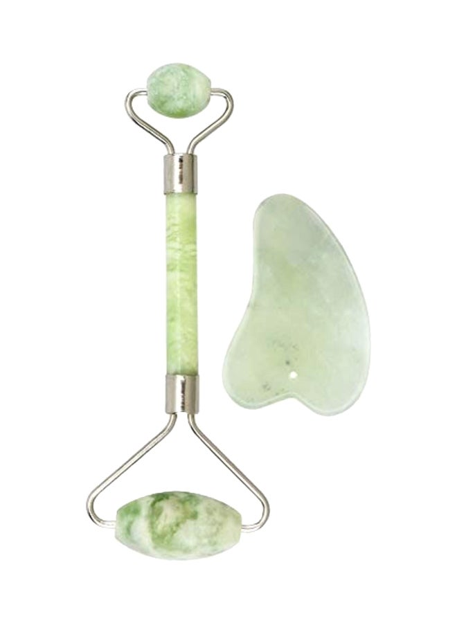 LetsRun Anti Aging Facial Massager Roller With Gua Hua Scraper Set Green/Silver - Image 1