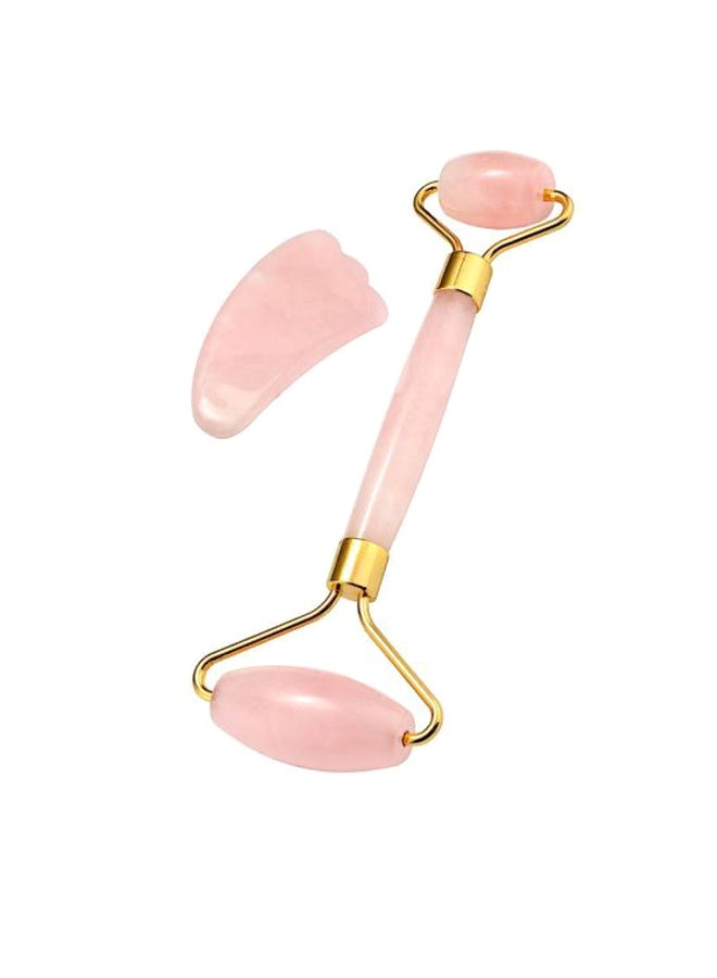 Tker Jade Massager Roller With Gua Sha Scraper Set Pink/Gold  - Image 1