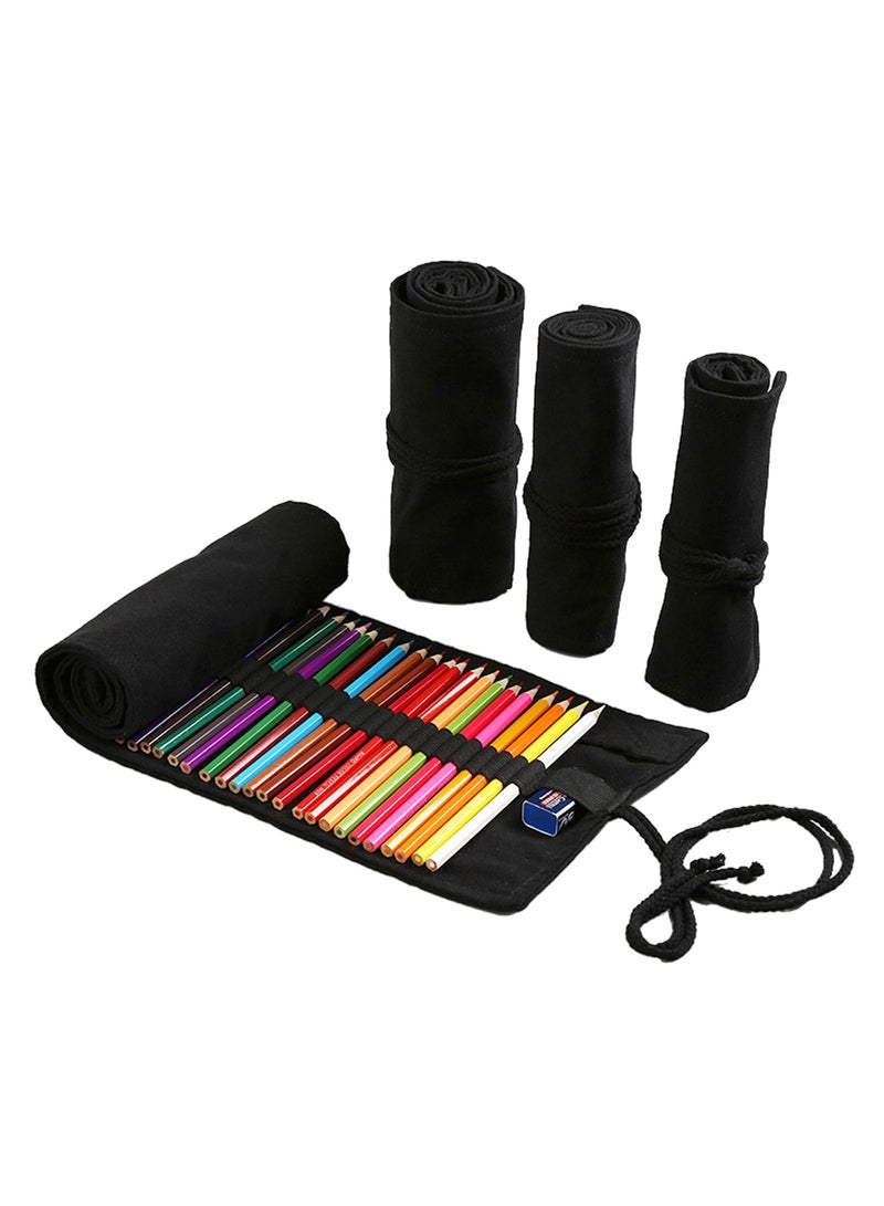 Portable Roll Up Canvas Pen Pencil Case Black