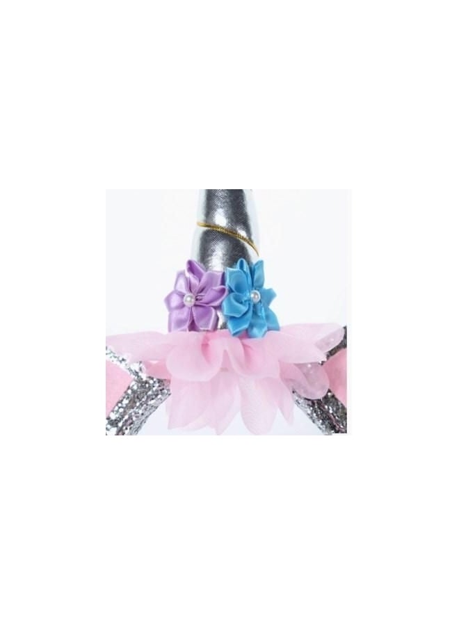 طوق شعر بتصميم بقرن وأذني وحيد القرن مع زهور فضي/وردي/أزرق - Image 2