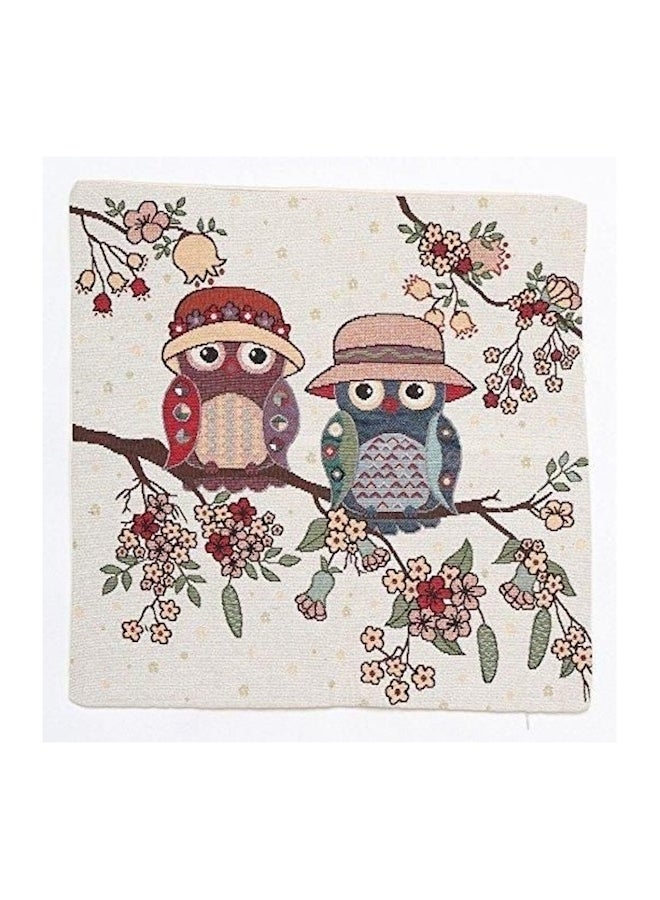 Couple Of Owl On Tree Printed Cushion Cover Cotton Beige/Red/Blue - Image 1