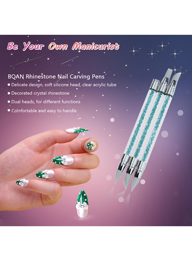 ANSELF 3-Piece Acrylic Handle Rhinestone Nail Art Brushes Silicone Head Carving Salon Tool Set Gold - Image 4