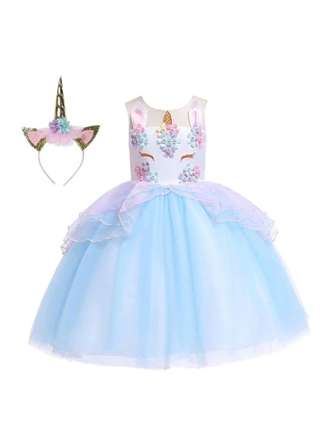 Floral Princess Dress With Headband Blue  - Image 1