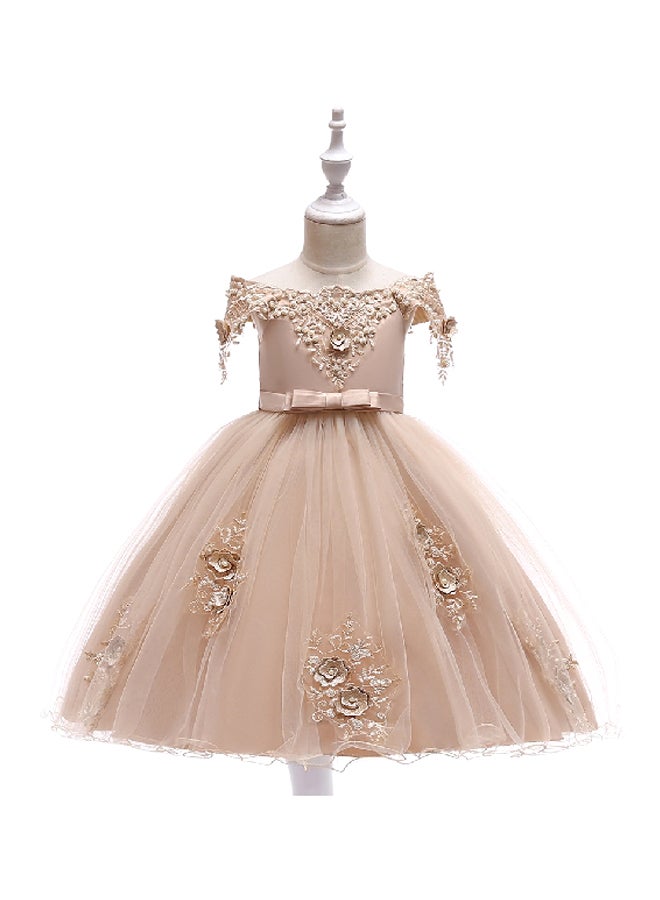 Beaded Flower Detailed Princess Dress Gold  - Image 1