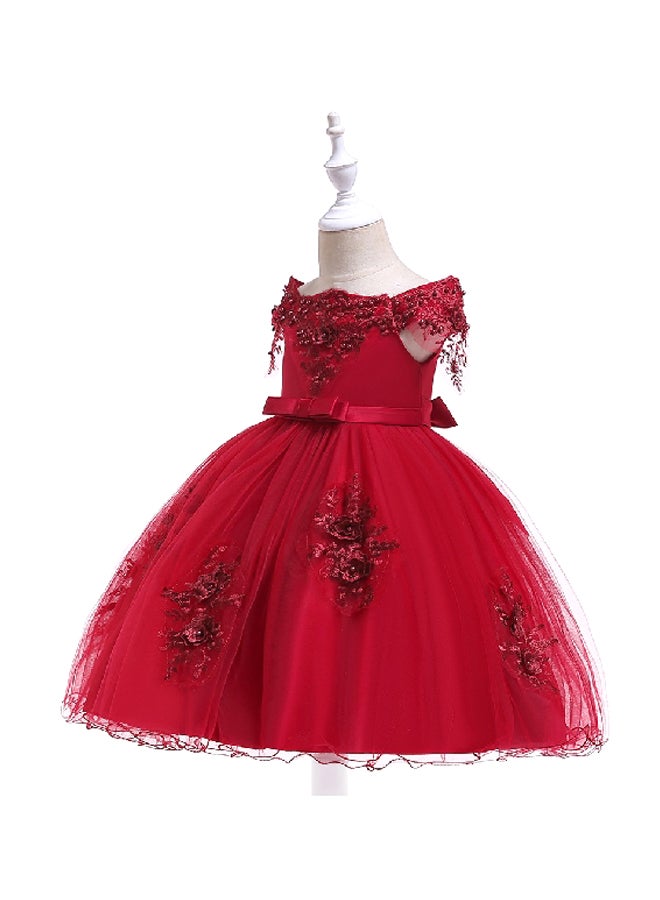 Beaded Flower Detailed Princess Dress Red  - Image 3