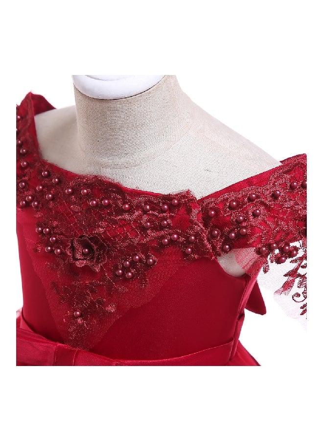 Beaded Flower Detailed Princess Dress Red  - Image 4