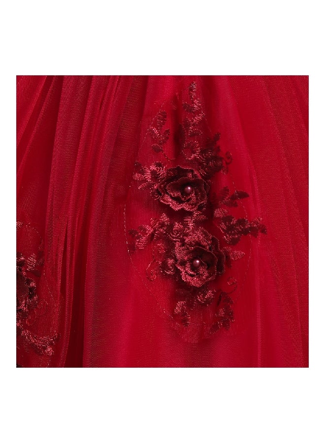 Beaded Flower Detailed Princess Dress Red  - Image 5