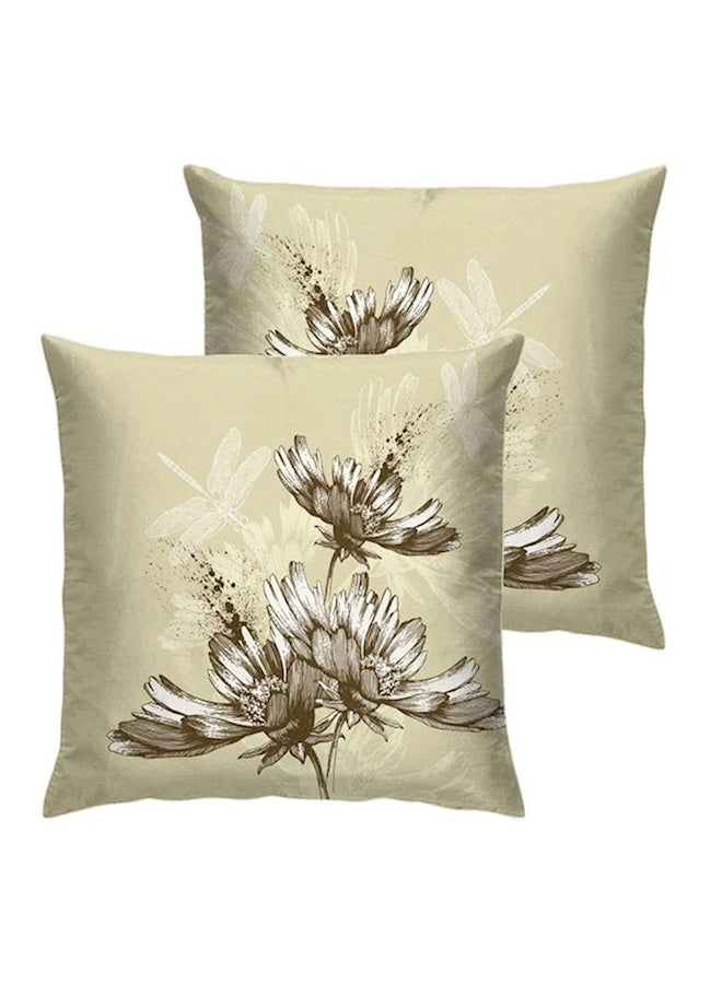 2-Piece Flower Printed Cushion polyester Beige/Brown/White 40x40cm  - Image 1