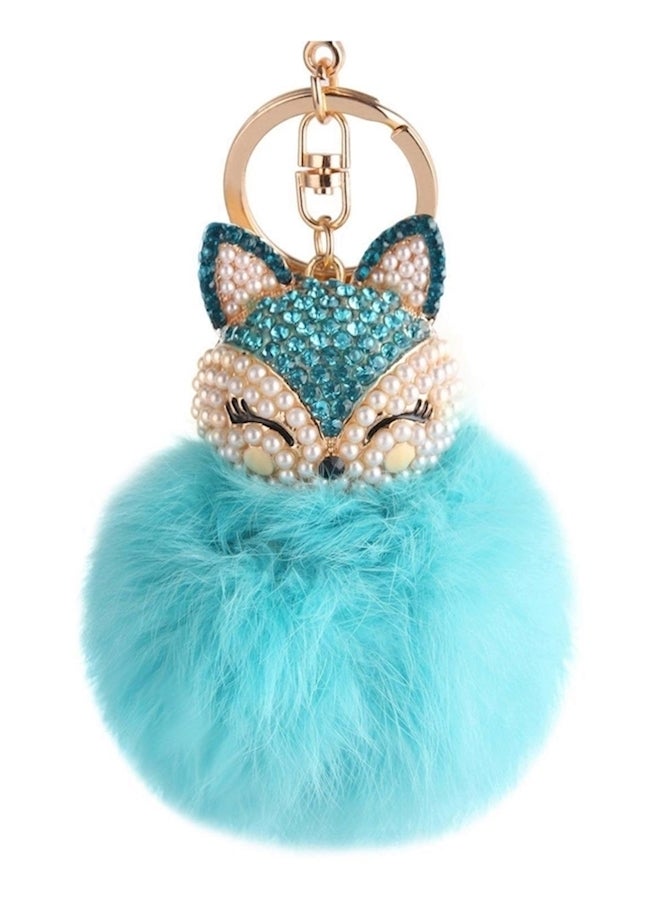 سلسلة مفاتيح بتصميم على شكل كرة من فرو الثعلب الحقيقي مزينة برأس ثعلب صناعي ومرصعة بأحجار الراين واللؤلؤ، مناسبة للحقائب والهواتف المحمولة، أزرق