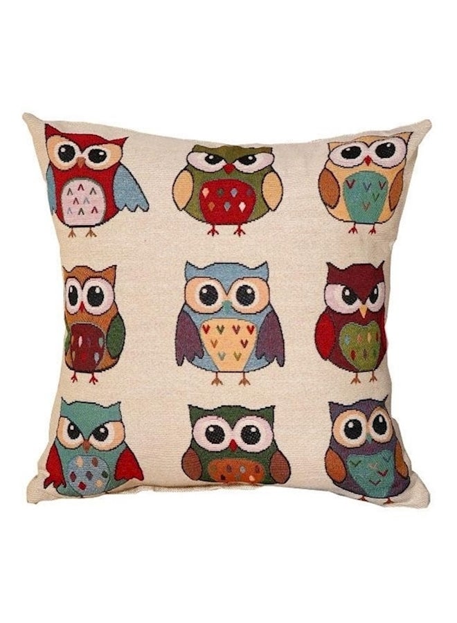 غطاء وسادة بطبعة بومة linen بيج / أحمر/أخضر 45x45سم - Image 1