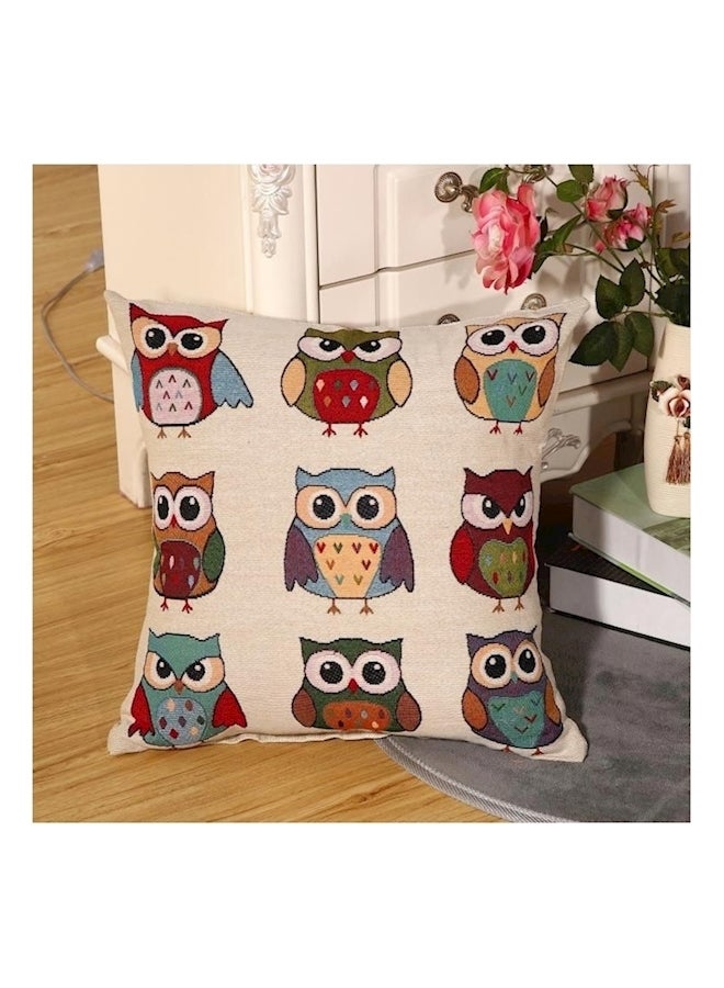 غطاء وسادة بطبعة بومة linen بيج / أحمر/أخضر 45x45سم - Image 2