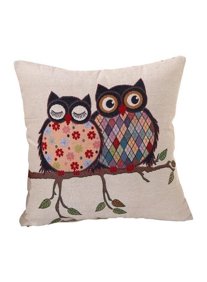 Owl Printed Cushion Cover linen Beige/Black/Green 45x45cm  - Image 1