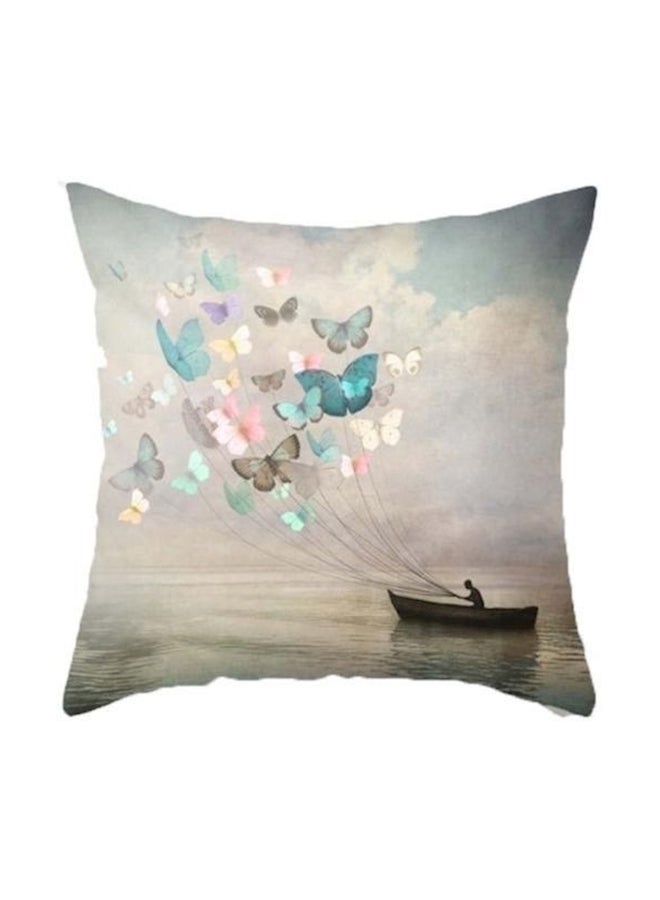 Butterflies And Boat Pillow Cover Cotton Beige/Green/Grey