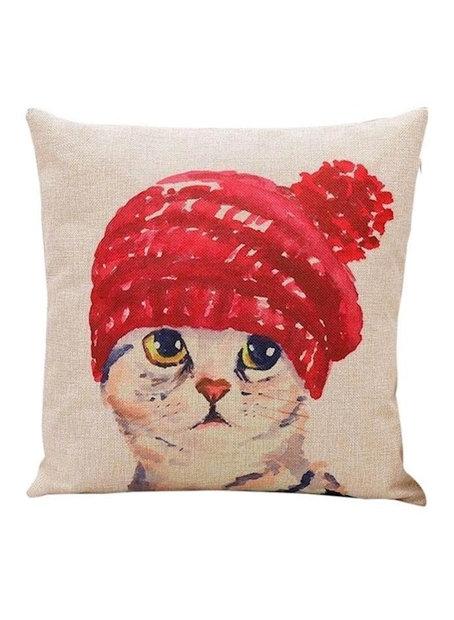 Cat Printed Cushion Cover Beige/Red/Yellow