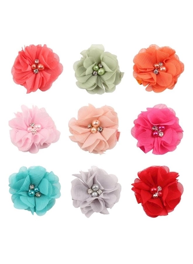 Pack Of 9 Hair Clips With Hand-Sewn Beads Flower Red/Pink/Orange - Image 1