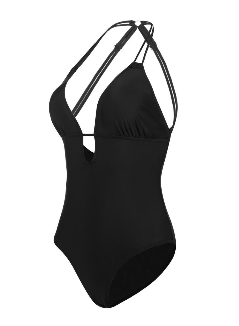 Generic - Hollow Out V-Neck Lace Up One Piece Swimsuit Black - Image 1