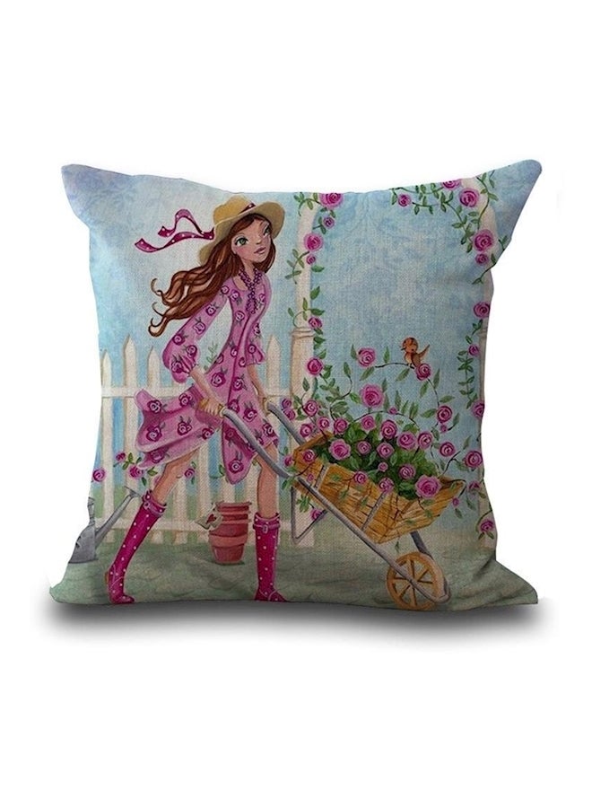 Flowers Printed Cushion Cover Blue/Pink/Brown