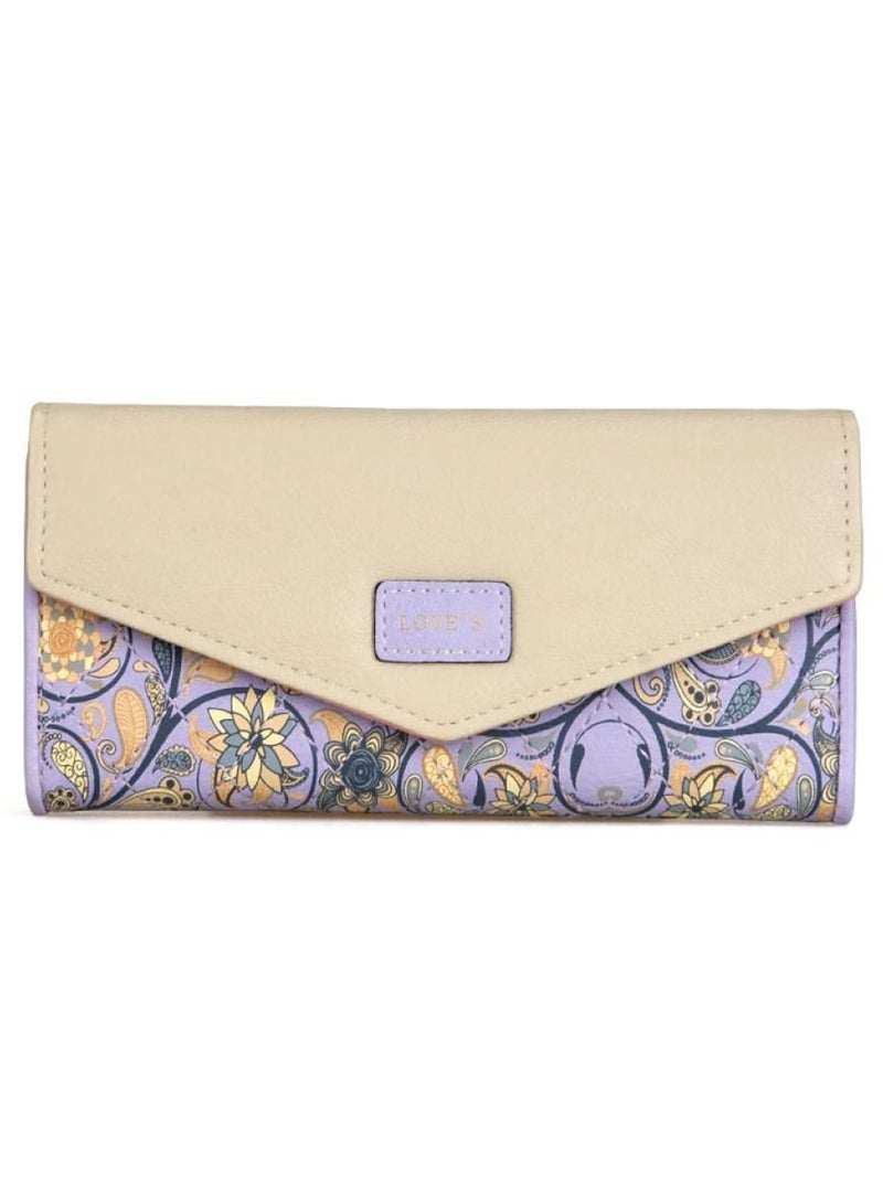 Generic 3-Fold Flowers Printing Long Envelop Wallet Purple/Beige  - Image 1