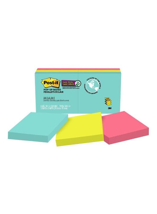 6-Piece Super Sticky Post It Pop Up Notes Pad Set Yellow/Green/Blue