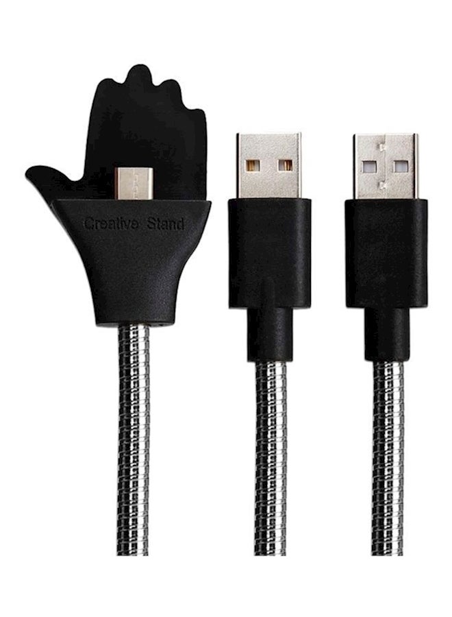 Multi-Functional Metal Soft Hose Palm Holder Type-C To USB Data Charging Cable Black/Silver - Image 2