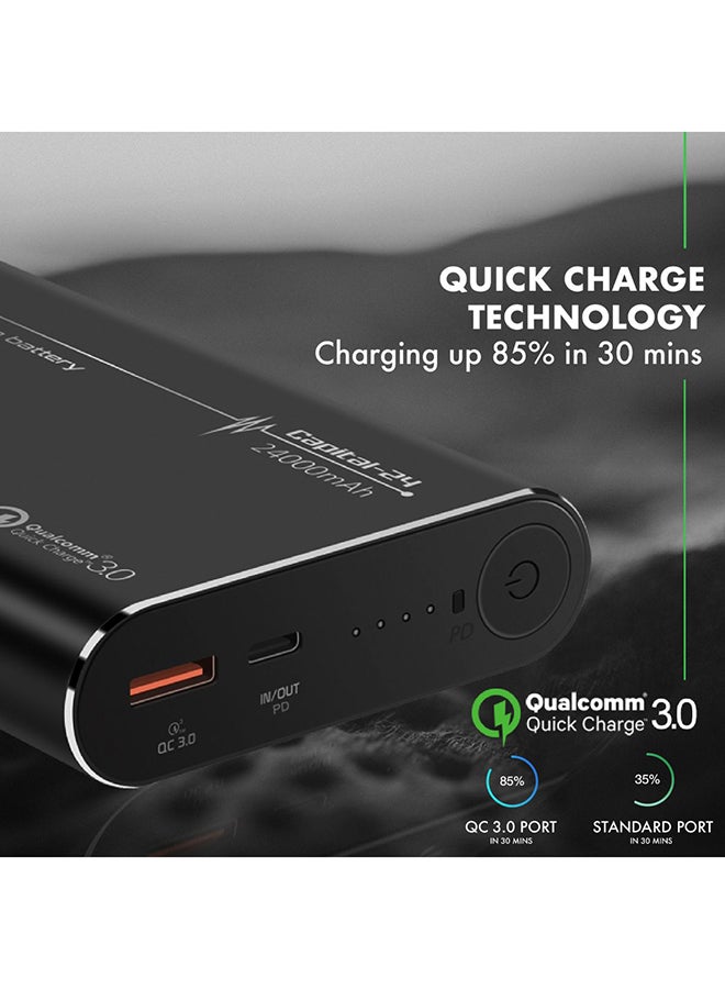 باور بنك كابتل-24 للابتوب بمنفذ USB-C بسعة عالية للغاية 240000 مللي أمبير/ ساعة وبتكنولوجيا الشحن السريع 3.0 من كوالكوم بمنفذي شحن لتوصيل الطاقة USB ومنفذ Type-C للابتوب ماك بوك برو، آيفون XS ماكس، آي باد برو، لون أسود 24000.0 mAh أسود
