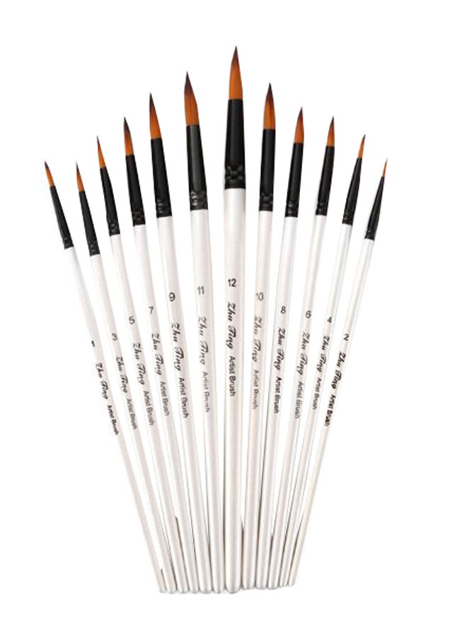 Generic 12-Piece Fine Art Long Handled Paint Brush Pearl White/Black 