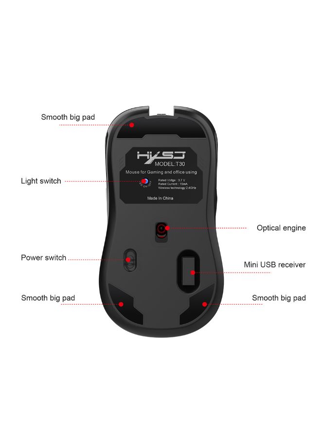 HXSJ - T30 Wireless Gaming Optical Mouse Black - Image 1