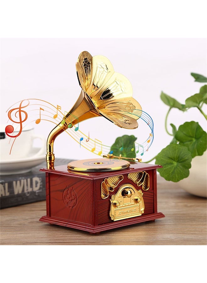 Gramophone Shaped Music Box Vintage Romantic Hand Crank Type Gift Present Brown 13centimeter  - Image 3
