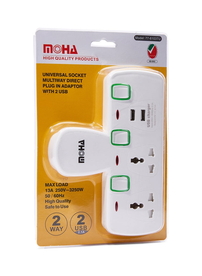 MOHA - 2-Way Socket Power Extension With 2 USB Port White - Image 1
