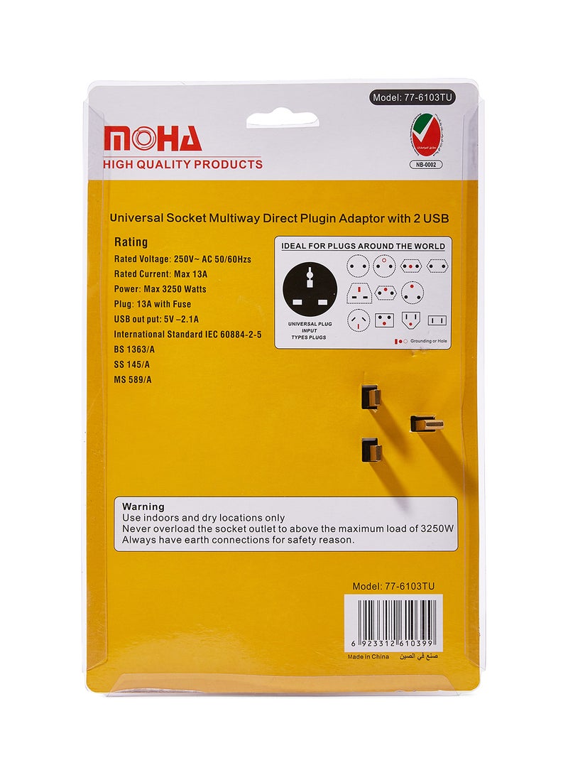 MOHA - 2-Way Socket Power Extension With 2 USB Port White - Image 1