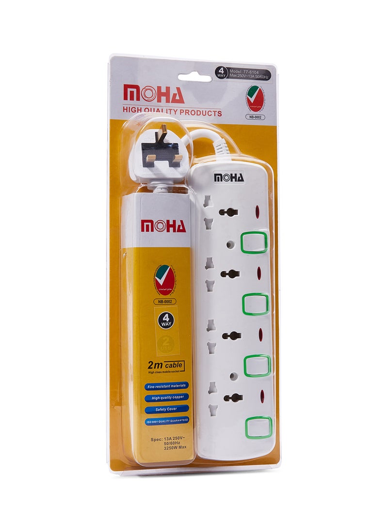 4-Way Socket Power Extension With Individual Switch White 2meter