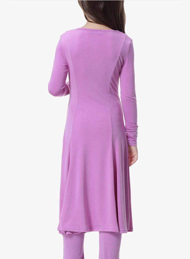 طقم فستان بأكمام طويلة مكون من قطعتين أرجواني - Image 2