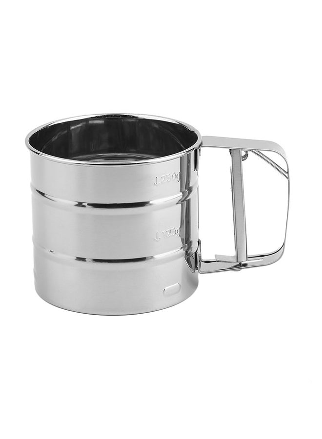 Stainless Steel Handheld Mechanical Baking Shaker Sieve Cup Silver 9centimeter