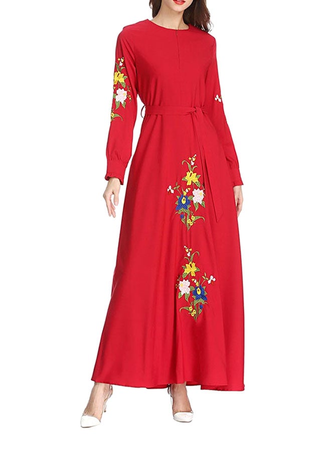 Floral Print Round-Neck Maxi Dress Red - Image 1